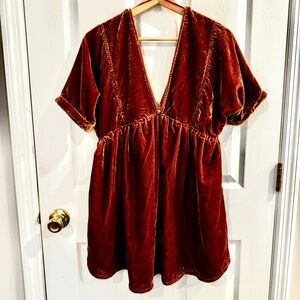 Free People Ivy Velvet Mini Dress Copper Babydoll V-Neck XS Boho
